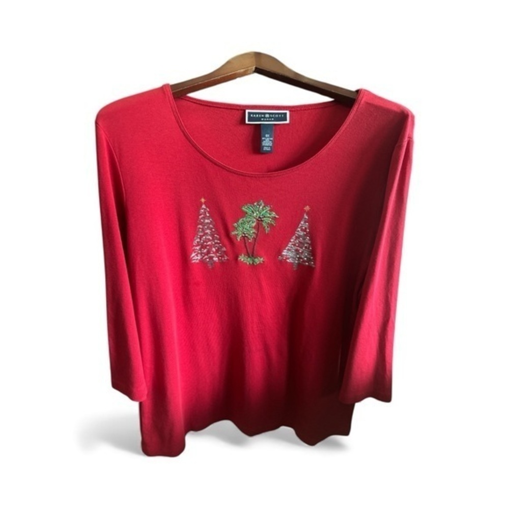 Karen Scott Women’s 0X Vibrant Red Holiday Top Christmas Coconut Trees Glamorous